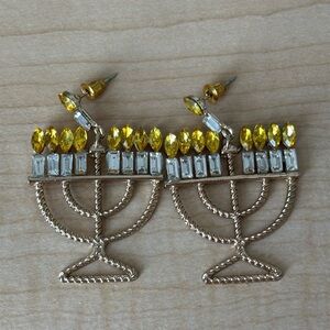 Gold Tone and Yellow Menorah Pierced Dangling Earrings